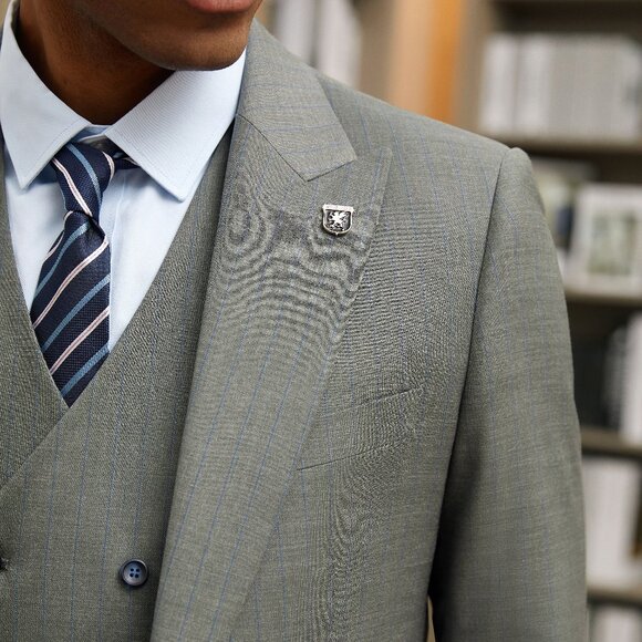 Green W/Blue Pinstriped Peak Lapel 3 Piece Stacy Adams Men's Suit - Picture 4 of 6